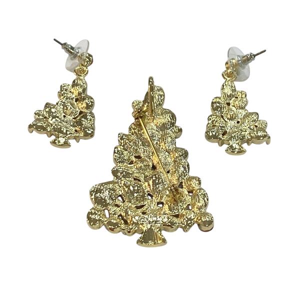 Rhinestone Christmas Tree Jewelry Set Brooch & Pierced Earrings Gold Multicolor - Picture 2 of 6